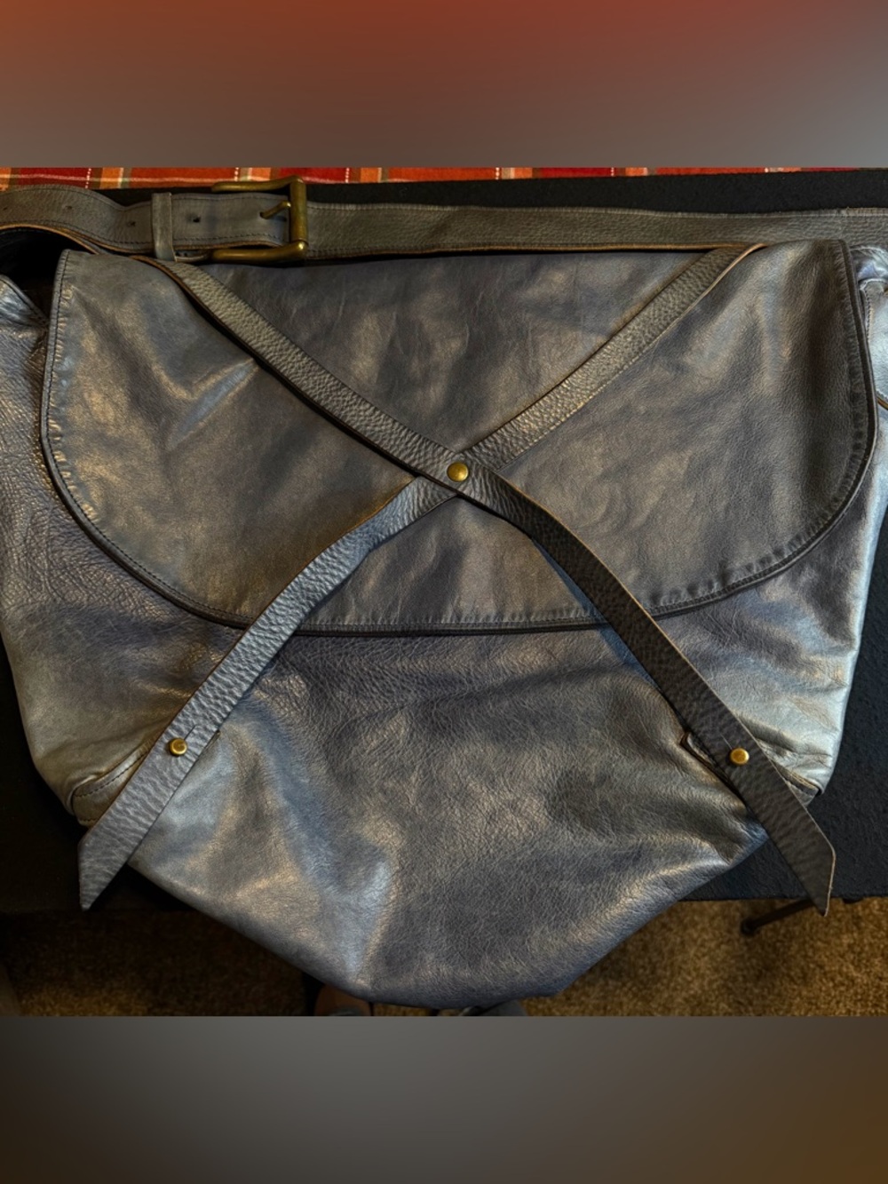 Jas M.B. London Blue Leather Satchel Bag with Cross-Strap Front Detail